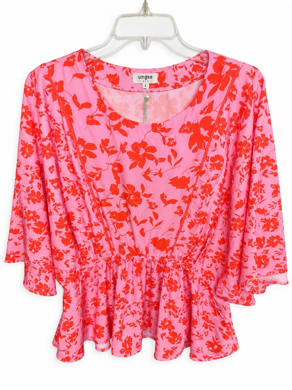 NWT Umgee Size Large Pink Red Floral Peplum Blouse Bell Sleeve Boho Top